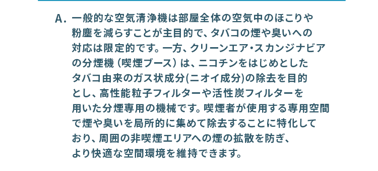 ニコチンをはじめとしたタバコ由来のガス上成分の除去を目的とした、分煙専用の機械です。